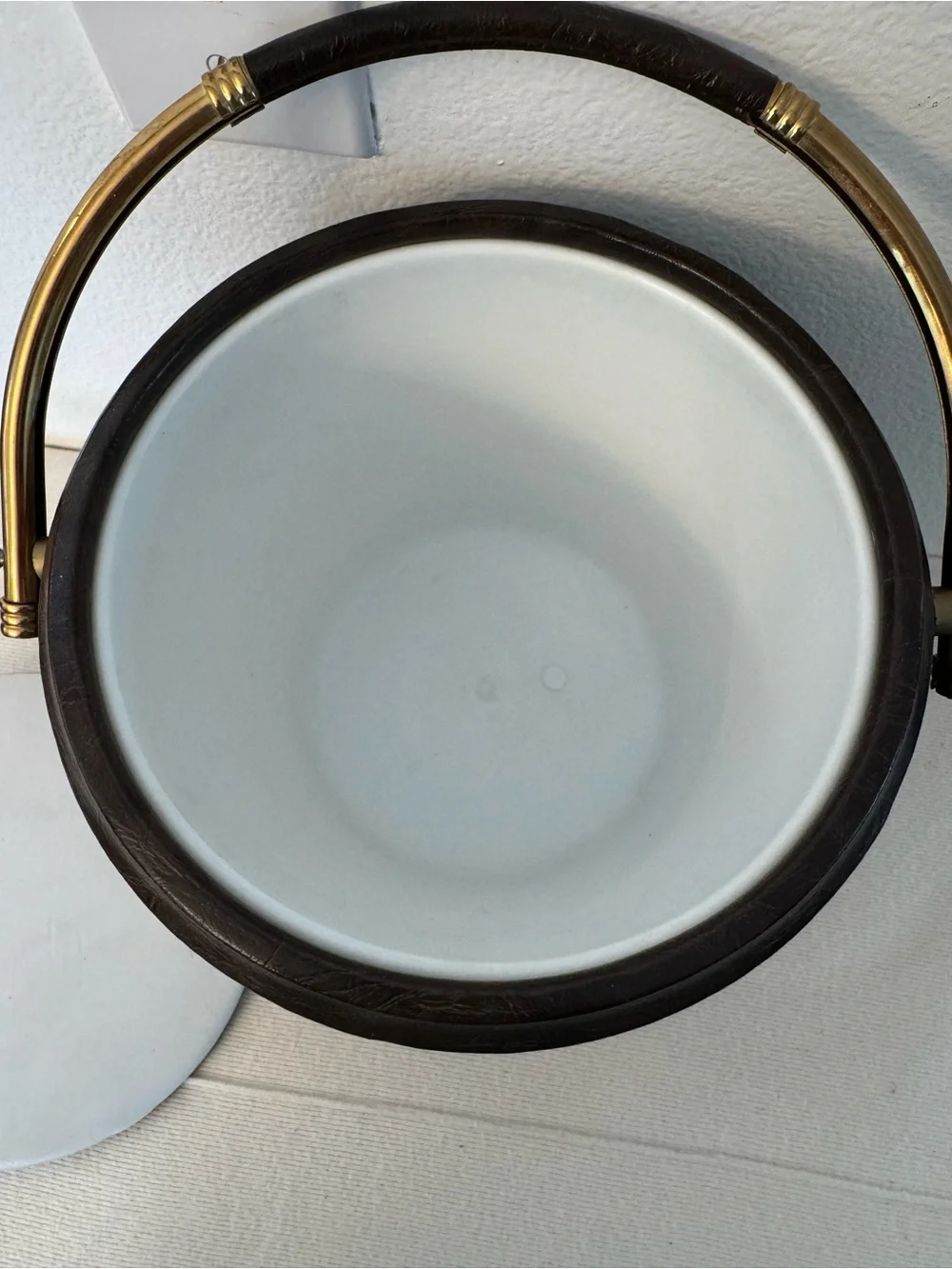 Vintage 1960s 70s Brown Faux Leather Ice Bucket Brass Tone Mid Century